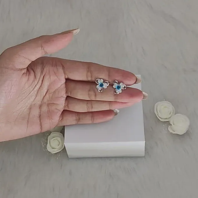Silver Aqua Blue Flower Earrings