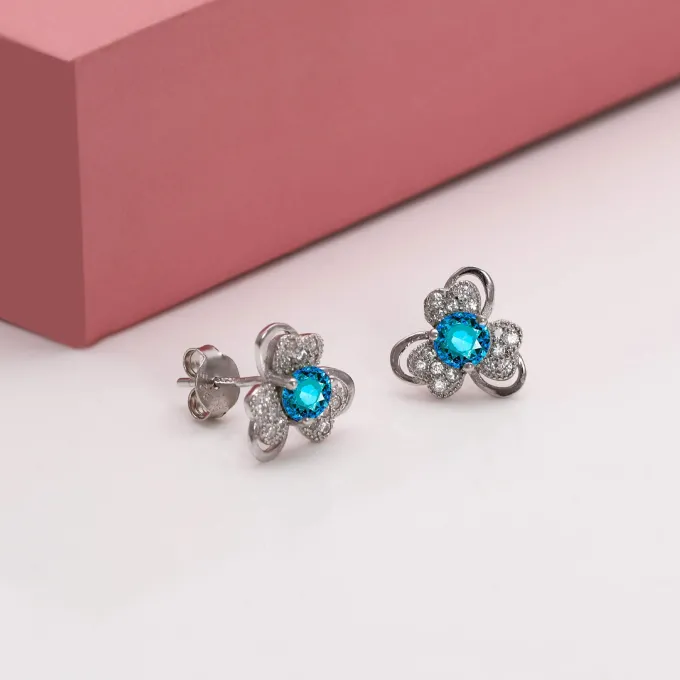 Silver Aqua Blue Flower Earrings