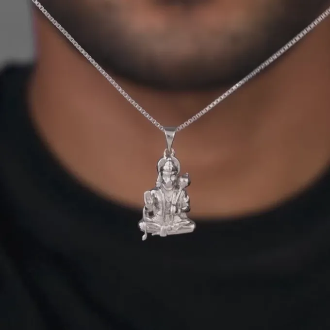 Silver Bajrangbali Pendant With Box Chain For Him