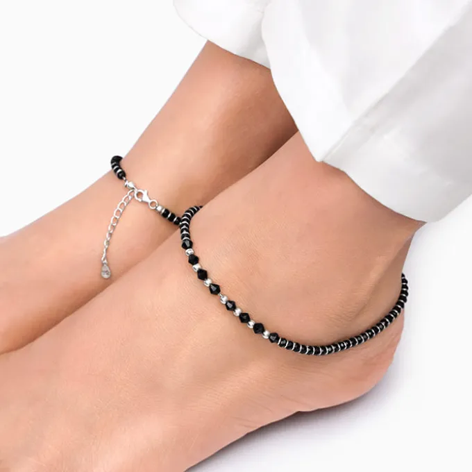Silver Barefoot Black Beads Anklet