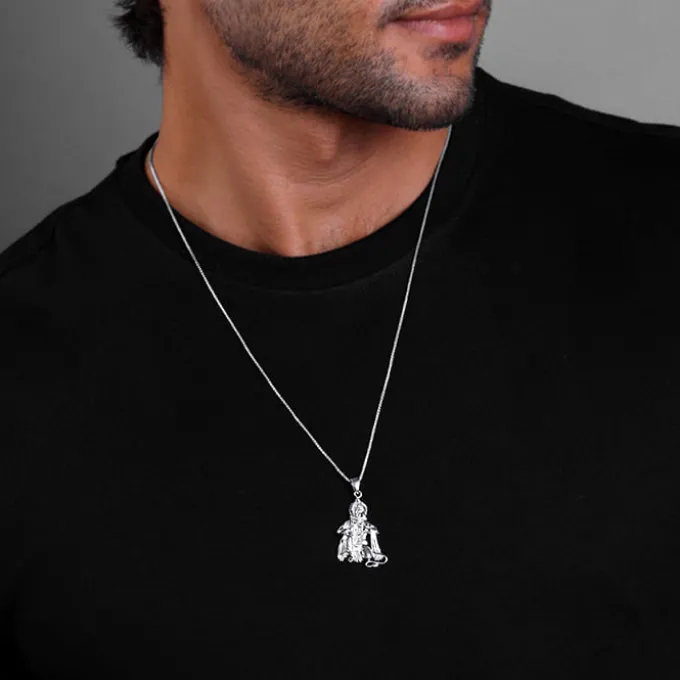 Silver Bhakta Hanuman Pendant with Box Chain For Him