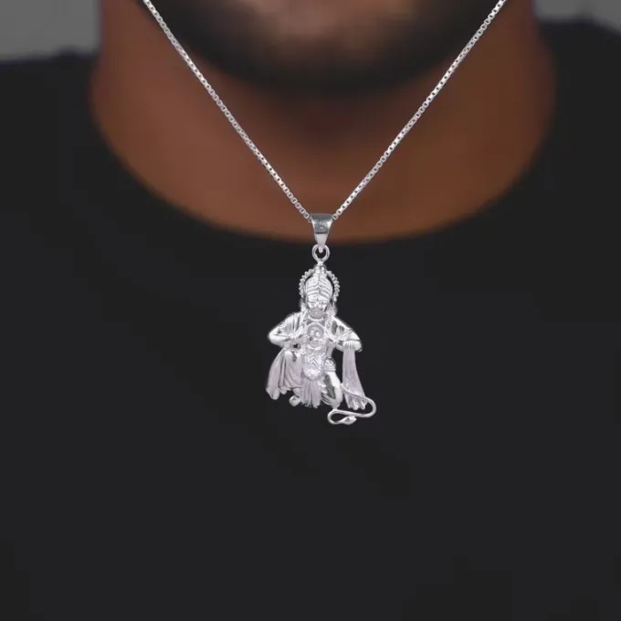 Silver Bhakta Hanuman Pendant with Box Chain For Him