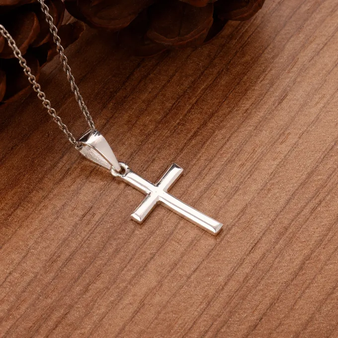 Silver Blessed Holy Cross Pendant with Link Chain