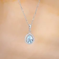 Silver Blue Topaz Pendant With Link Chain