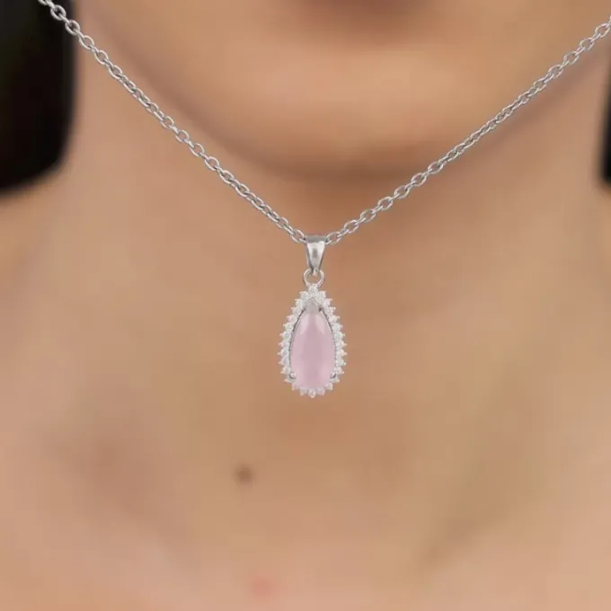 Silver Blush Aura Drop Pendant With Link Chain