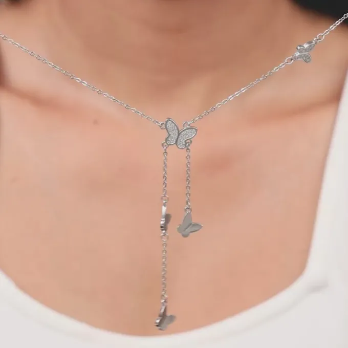 Silver Butterfly Charm Lariat Necklace