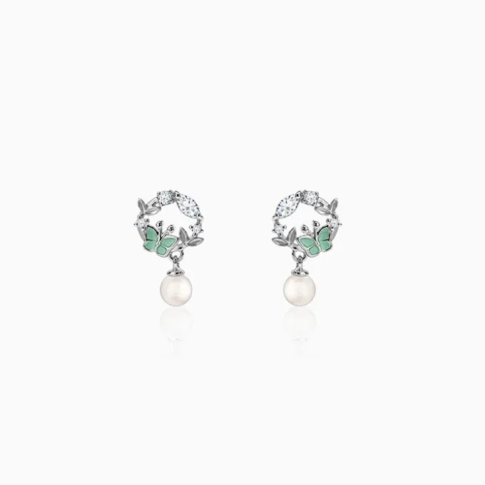 Silver Butterfly Pause Pearl Drop Earrings