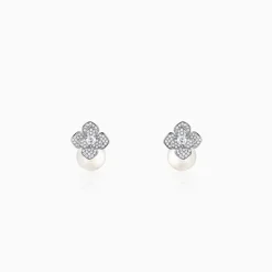Silver Camellia Pearl Drop Earrings