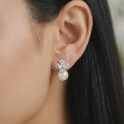 Silver Camellia Pearl Drop Earrings