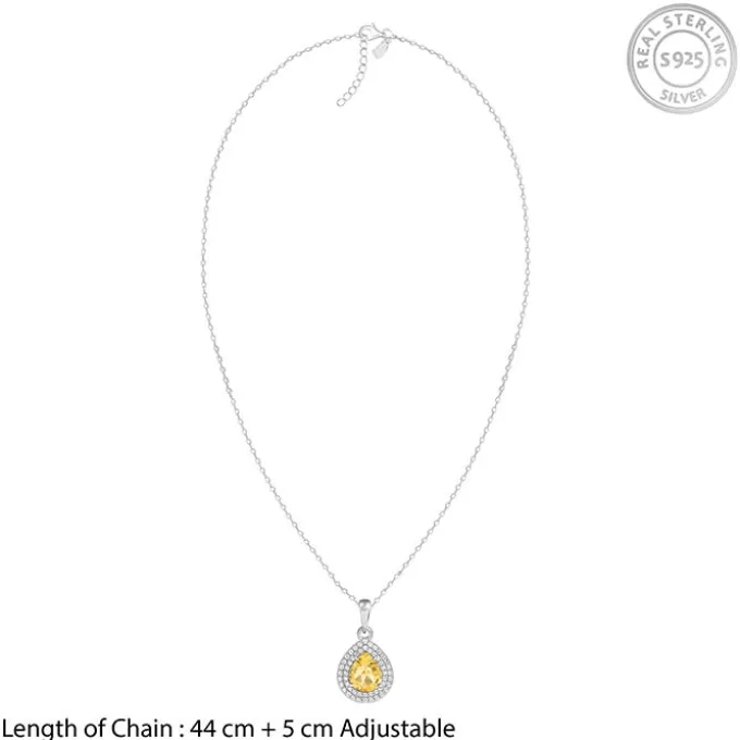 Silver Citrine Drop Pendant With Link Chain