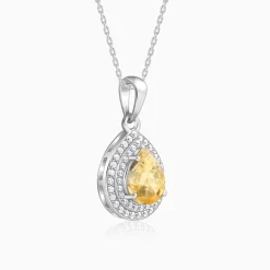 Silver Citrine Drop Pendant With Link Chain