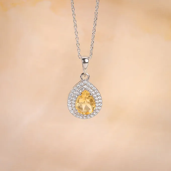 Silver Citrine Drop Pendant With Link Chain
