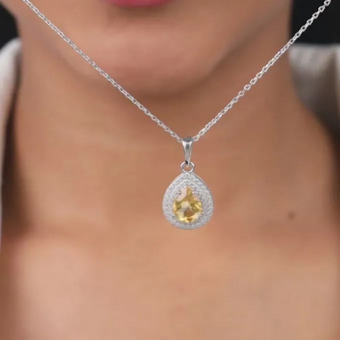 Silver Citrine Drop Pendant With Link Chain