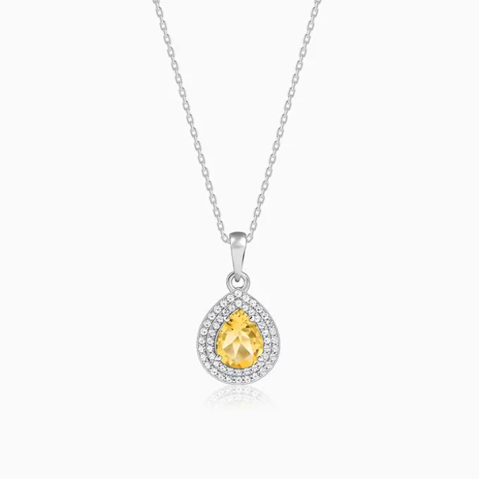 Silver Citrine Drop Pendant With Link Chain