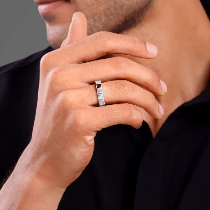Silver Cog Garnet Ring For Him