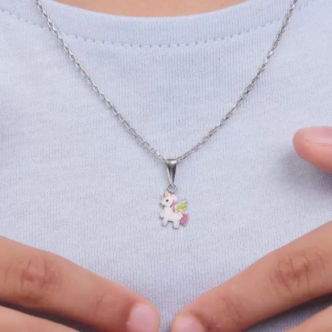 Silver Colourful Unicorn Kids Pendant With Link Chain (7-10 yrs)