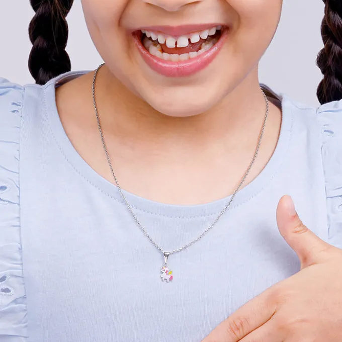 Silver Colourful Unicorn Kids Pendant With Link Chain (7-10 yrs)