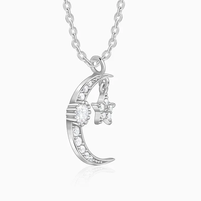 Silver Crescent Moon Star Pendant with Link Chain