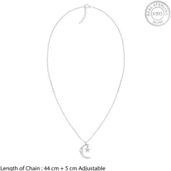 Silver Crescent Moon Star Pendant with Link Chain