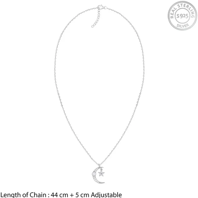 Silver Crescent Moon Star Pendant with Link Chain
