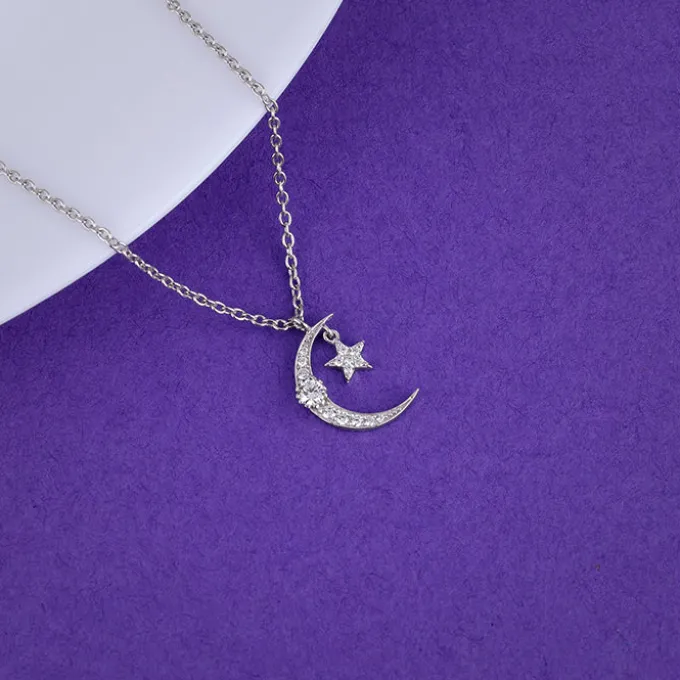 Silver Crescent Moon Star Pendant with Link Chain