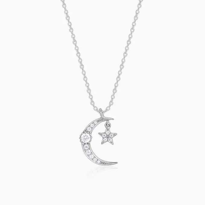 Silver Crescent Moon Star Pendant with Link Chain