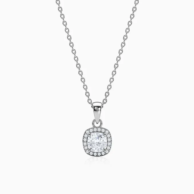 Silver Cushion Halo Pendant With Link Chain