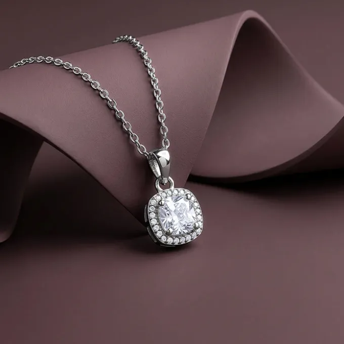 Silver Cushion Halo Pendant With Link Chain