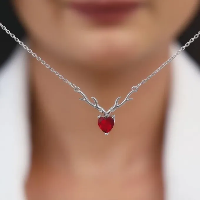 Silver Deer Heart in Red Necklace