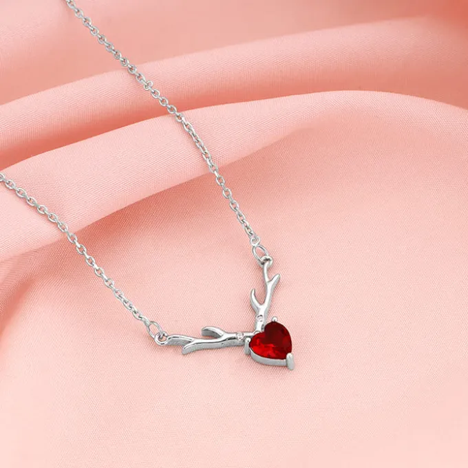 Silver Deer Heart in Red Necklace