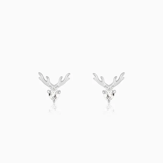 Silver Deer Heart Stud Earrings