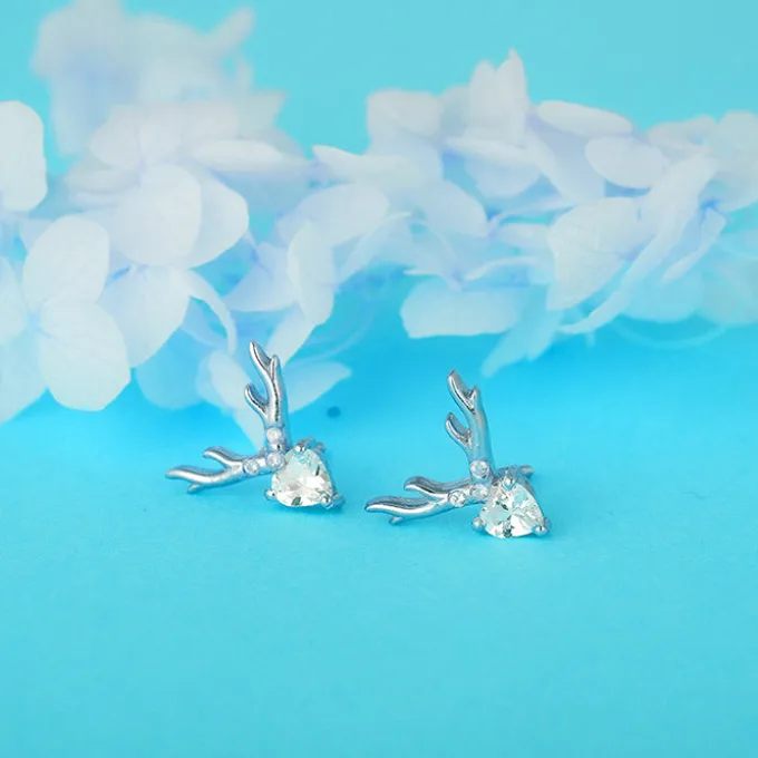 Silver Deer Heart Stud Earrings