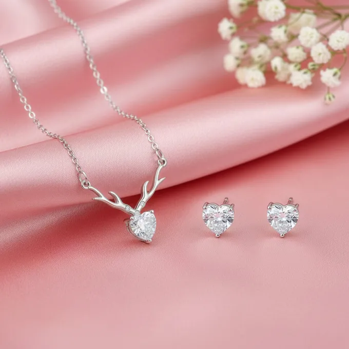 Silver Deer Solitaire Heart Set
