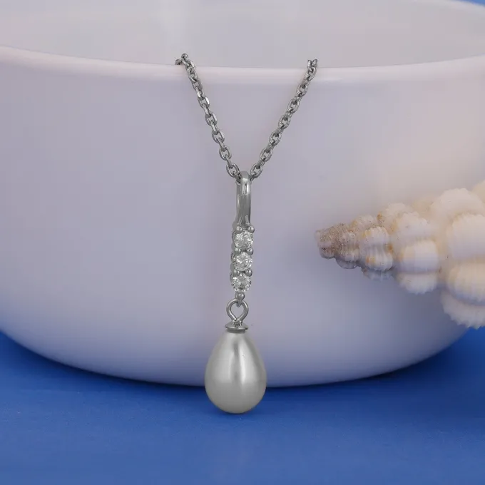 Silver Drop of Pearl Pendant with Link Chain