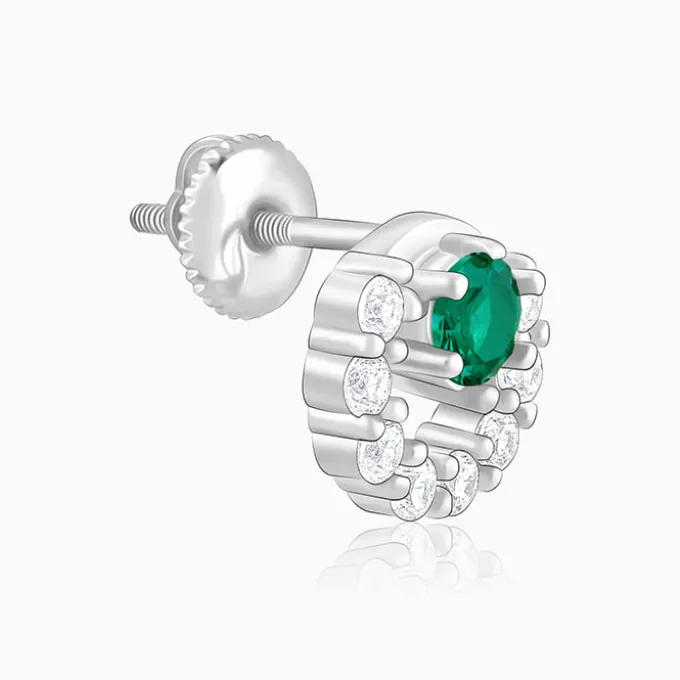 Silver Emerald Green Halo Stud Earrings