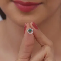 Silver Emerald Green Halo Stud Earrings