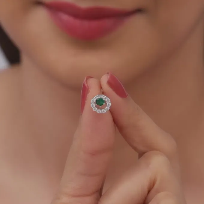 Silver Emerald Green Halo Stud Earrings