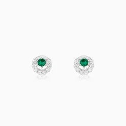 Silver Emerald Green Halo Stud Earrings