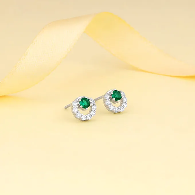 Silver Emerald Green Halo Stud Earrings