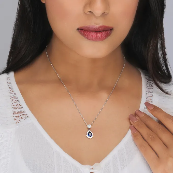 Silver Floral Royal Blue Drop Pendant