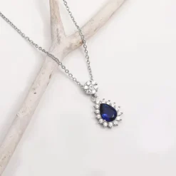 Silver Floral Royal Blue Drop Pendant