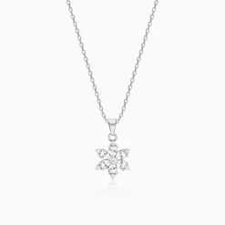 Silver Flowery Snowflake Pendant With Link Chain