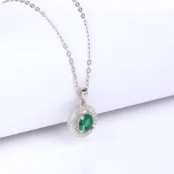 Silver Forest Green Shining Halo Pendant With Link Chain