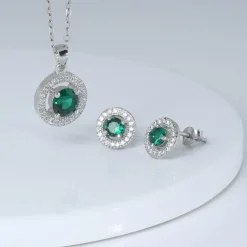 Silver Forest Green Shining Halo Pendant Set