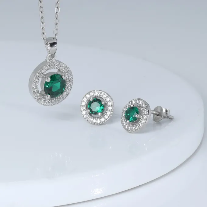 Silver Forest Green Shining Halo Pendant Set