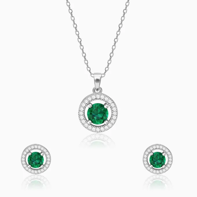 Silver Forest Green Shining Halo Pendant Set