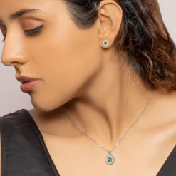 Silver Forest Green Shining Halo Pendant Set