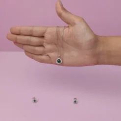 Silver Forest Green Shining Halo Pendant Set