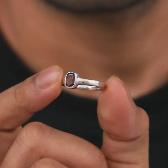 Silver Garnet Squircle Ring For Him