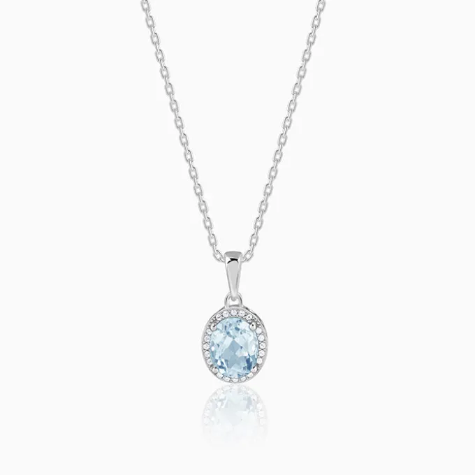 Silver Halo Blue Topaz Pendant With Link Chain